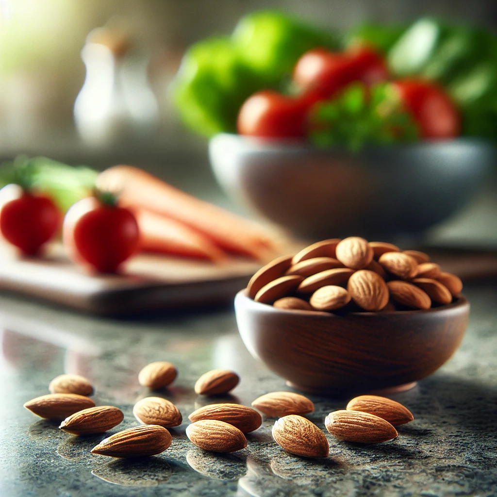 A cup full of almonds on a table