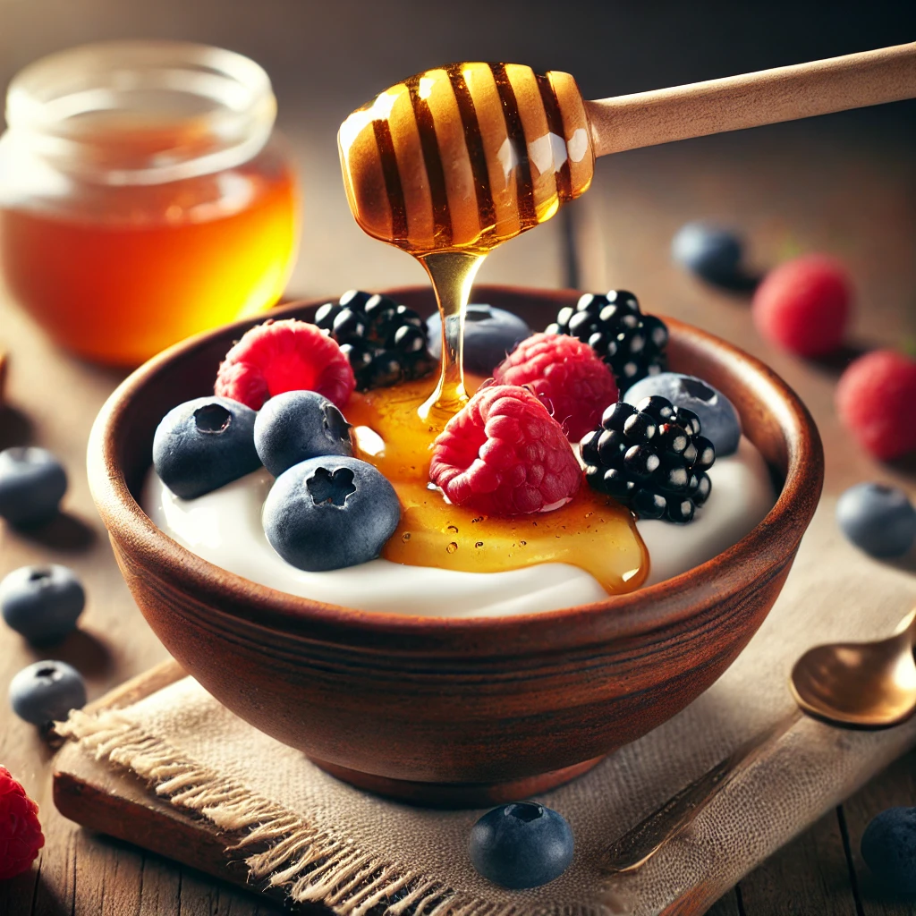 A bowl with yoghurt and berries and honey on top