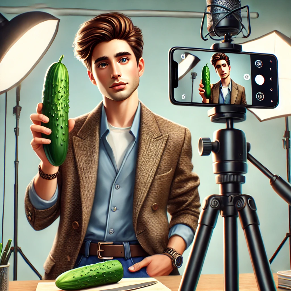 An influencer recording a video while holding a cucumber