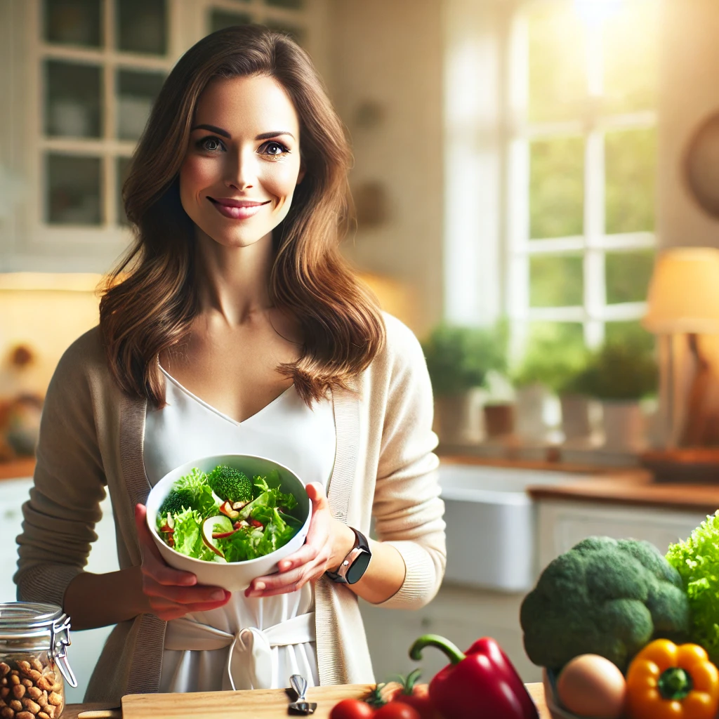 A young woman showing a bowl with vegetables