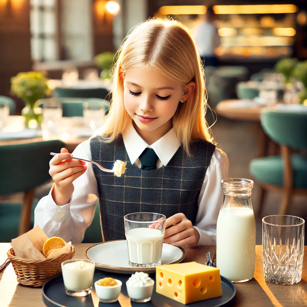 A young girl having diary products for breakfast