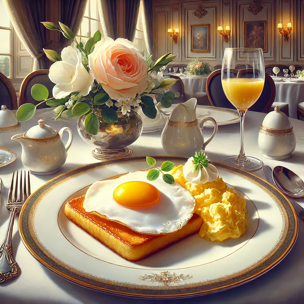 A plate with a tost with a fried egg on top and scrambled eggs on a posh table