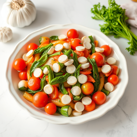 A dish with vegetables and garlic on top