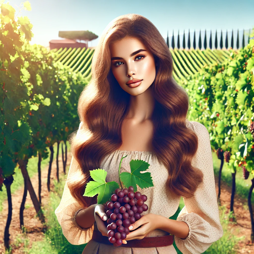 A woman showing a bunch of grapes at a vineyard