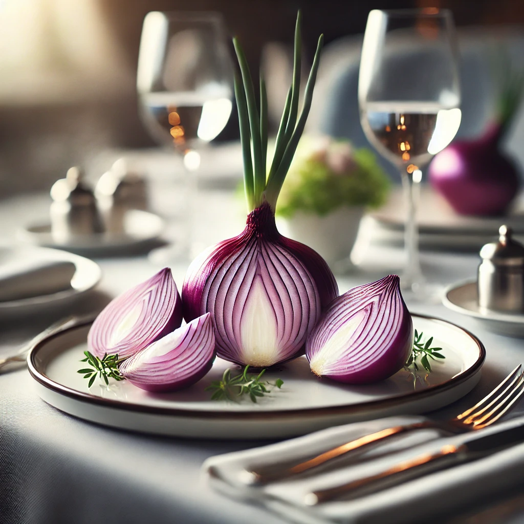 A table set with onions on a plate