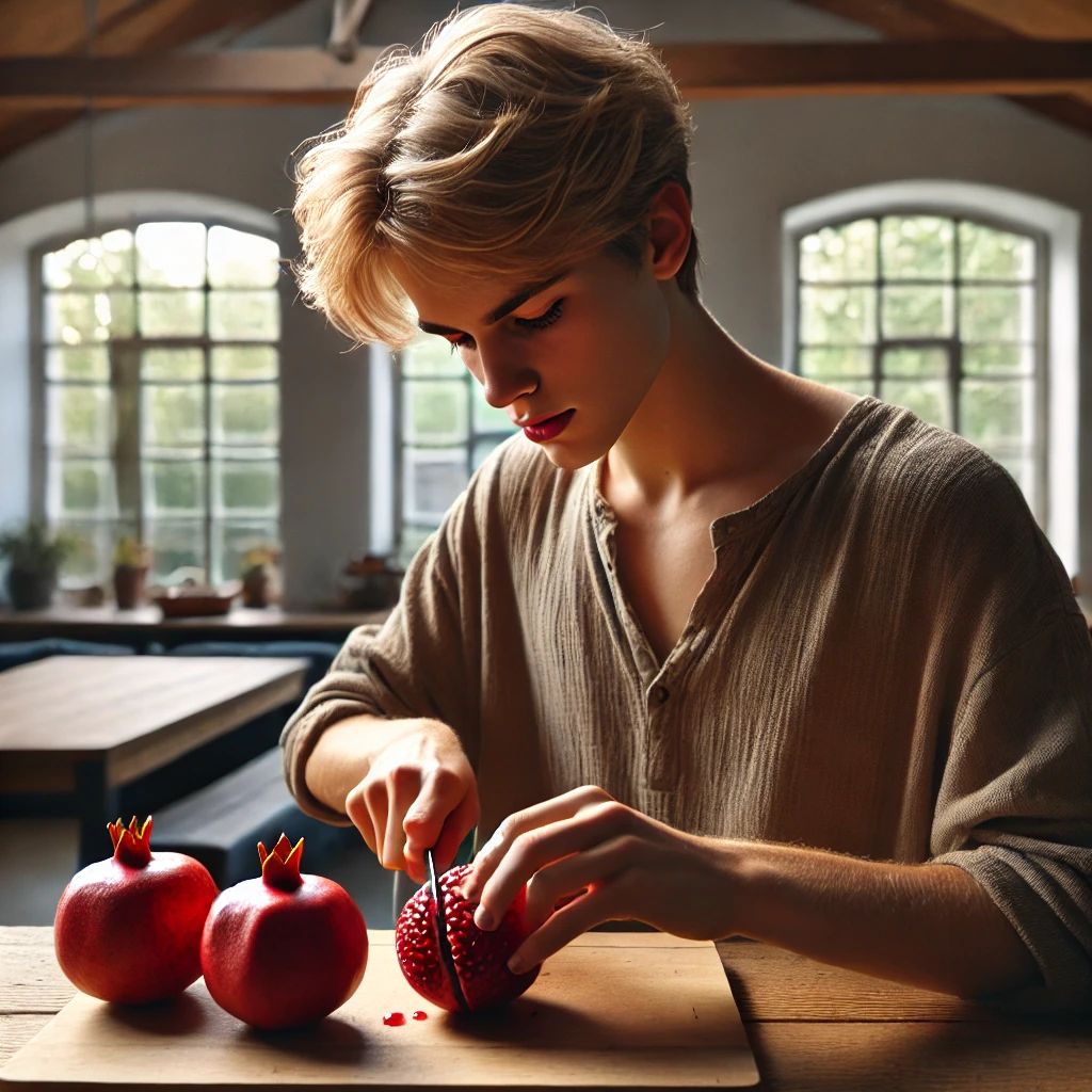 A young guy cutting a pomegranate on a table