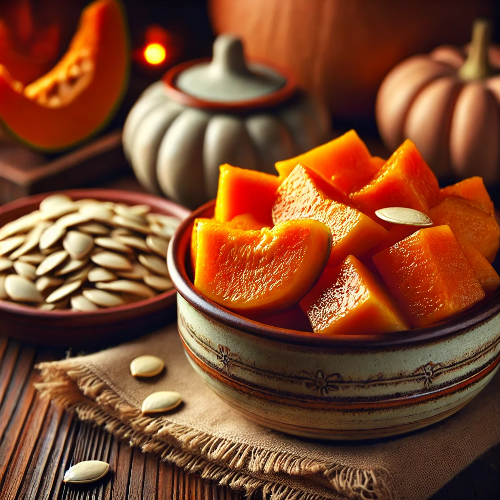 A bowl with cooked pumpkin and a plate with pumpkin seeds