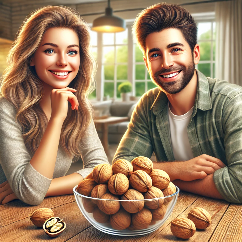 A young couple sitting at a table eating walnuts