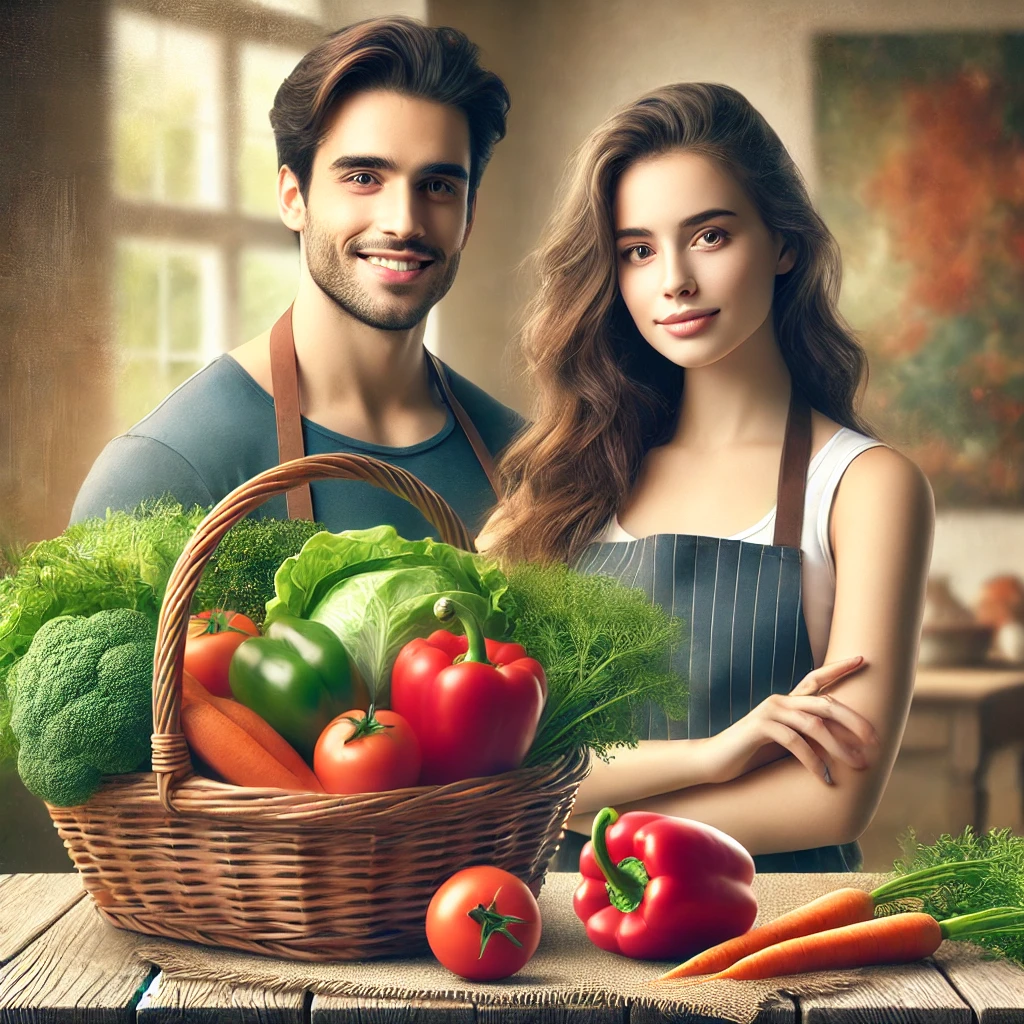 A couple of healthy young people showcasing vegetables